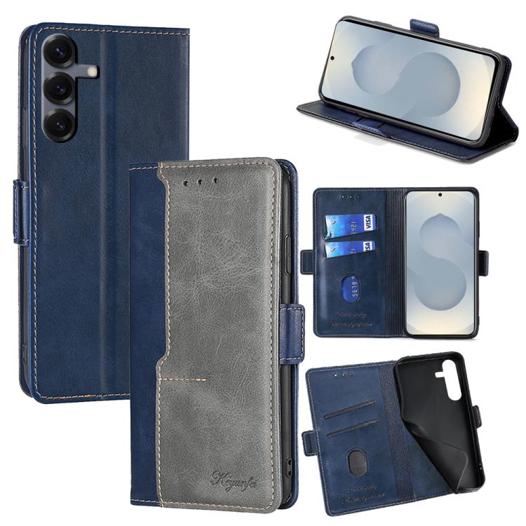 Funda de cuero con hebilla lateral en color de contraste para Samsung Galaxy S25 5G (azul y gris)