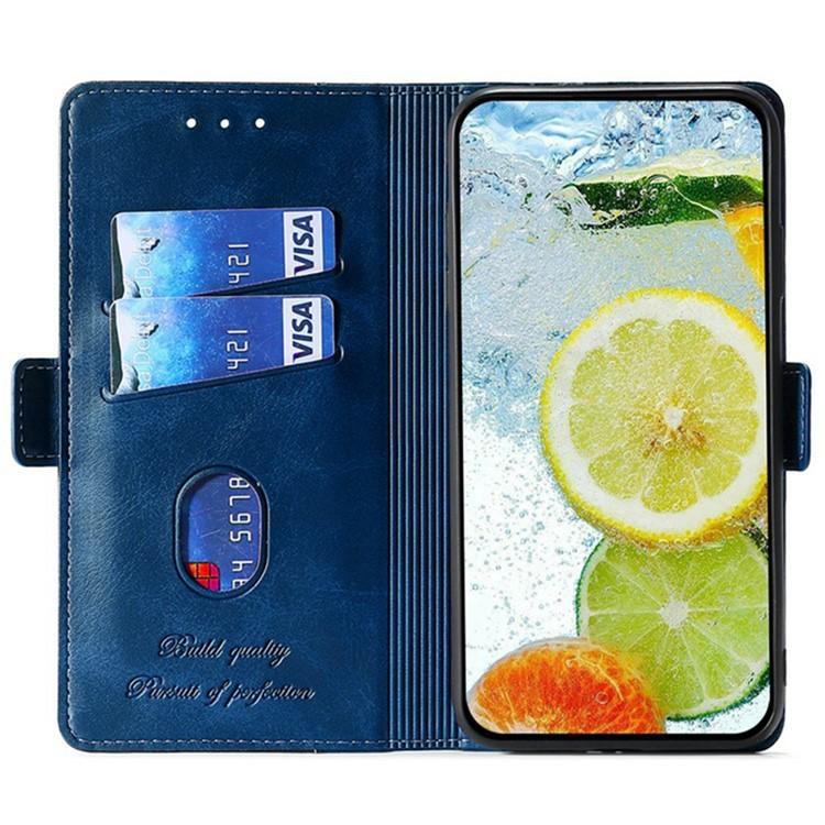 Funda de cuero con hebilla lateral en color de contraste para Samsung Galaxy S25 5G (azul y gris)