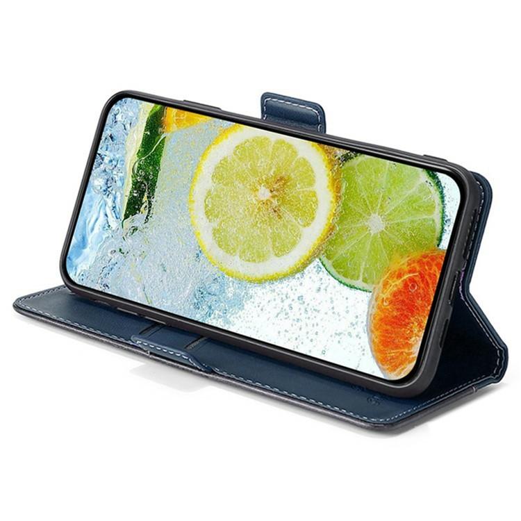 Funda de cuero con hebilla lateral en color de contraste para Samsung Galaxy S25 5G (azul y gris)