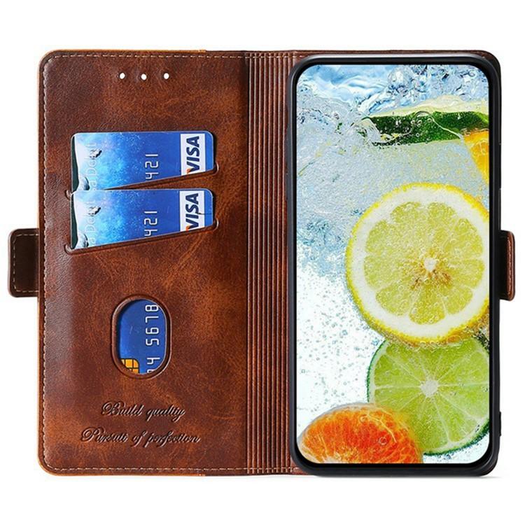 Funda de cuero con hebilla lateral en color de contraste para Samsung Galaxy S25 5G (marrón oscuro y dorado)