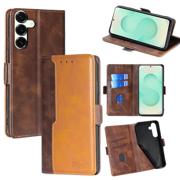 Funda de cuero con hebilla lateral en color de contraste para Samsung Galaxy S25+ 5G (marrón oscuro y dorado)