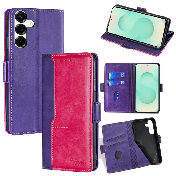 Funda de cuero con hebilla lateral en color de contraste para Samsung Galaxy S25+ 5G (morado y rojo rosa)