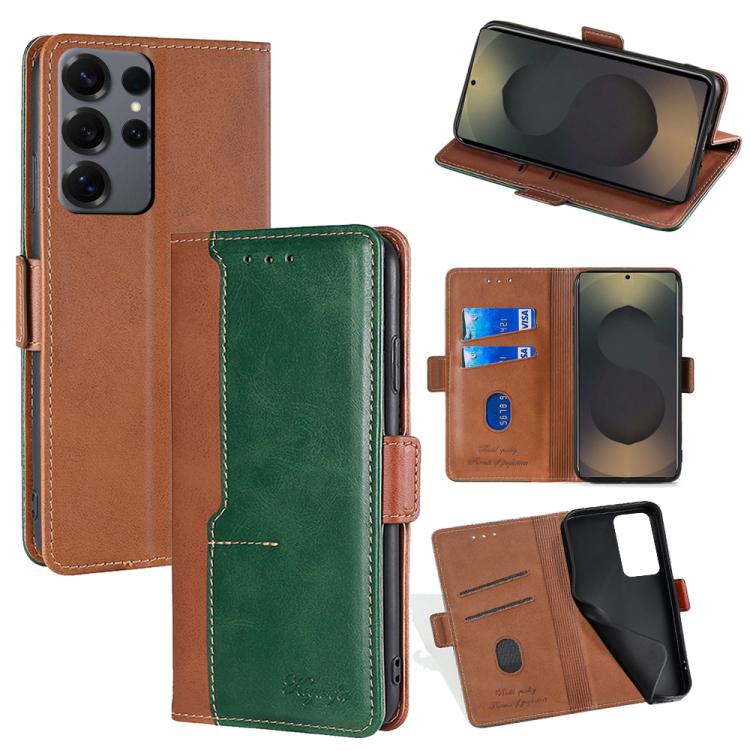 Funda de cuero con hebilla lateral en color de contraste para Samsung Galaxy S25 Ultra 5G (marrón claro y verde)