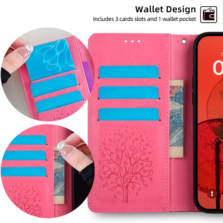 Funda de piel con relieve de árbol y ciervo para Samsung Galaxy S25+ 5G (rosa)
