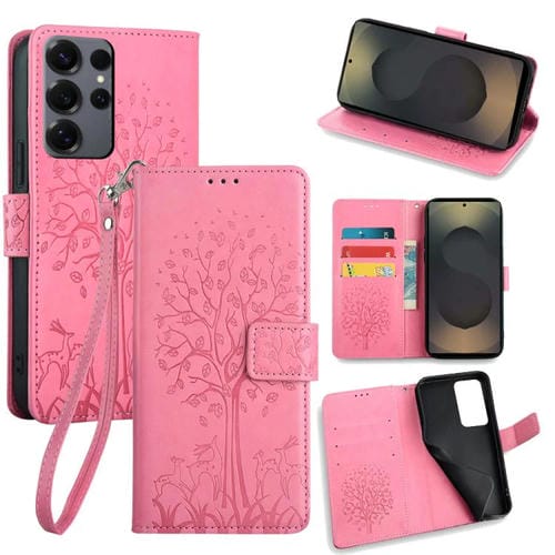 Funda de piel con relieve de árbol y ciervo para Samsung Galaxy S25 Ultra 5G (rosa)