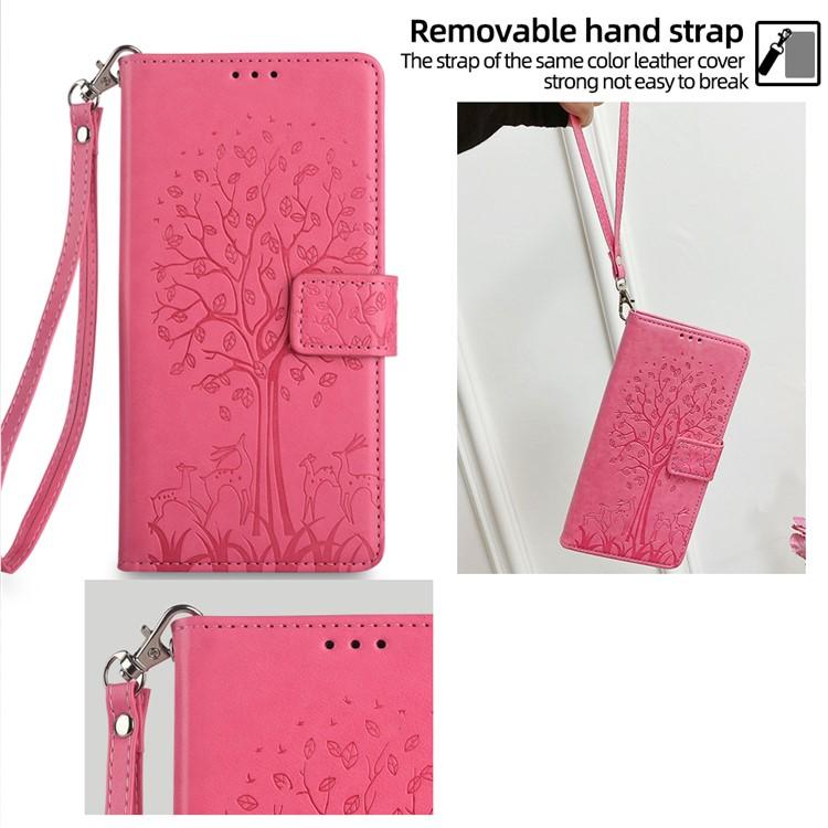 Funda de piel con relieve de árbol y ciervo para Samsung Galaxy S25 Ultra 5G (rosa)