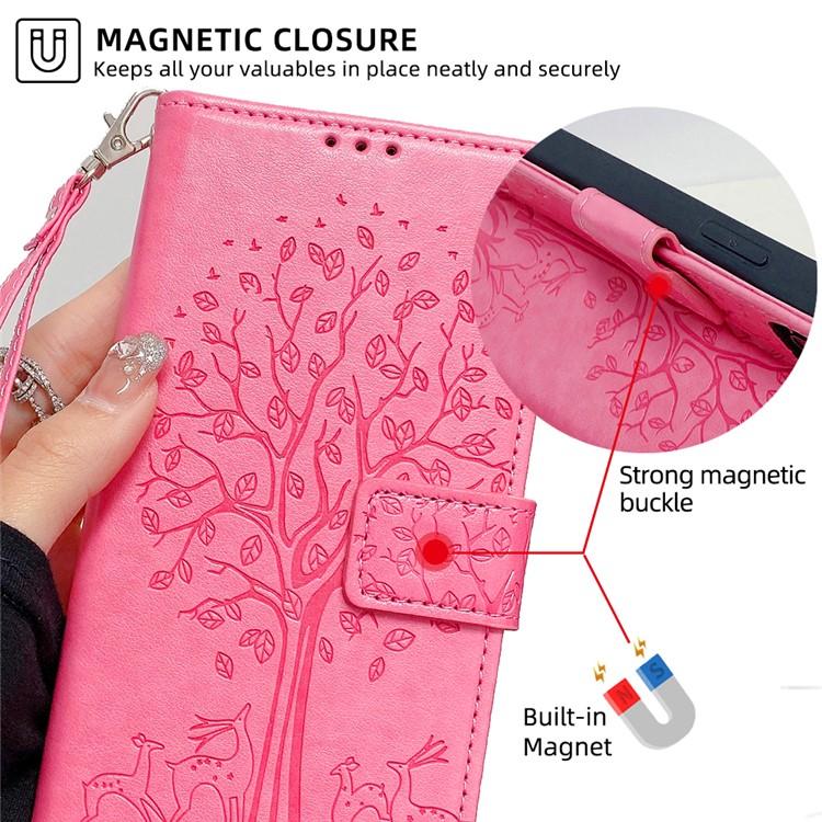 Funda de piel con relieve de árbol y ciervo para Samsung Galaxy S25 Ultra 5G (rosa)