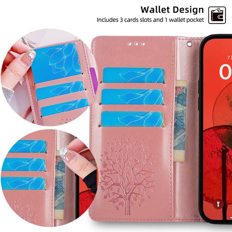 Funda de piel con relieve de árbol y ciervo para Samsung Galaxy S25 Ultra 5G (oro rosa)