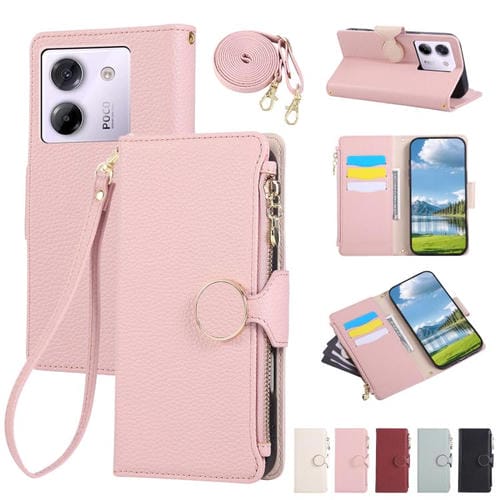 Funda de cuero con hebilla redonda y cremallera para Xiaomi Poco M7 Pro 5G, con correa cruzada (rosa)