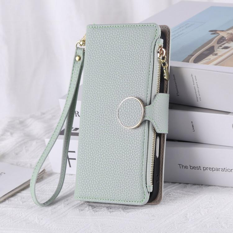 Funda de cuero con hebilla redonda y cremallera para Xiaomi Poco M7 Pro 5G, con correa cruzada (azul cielo)