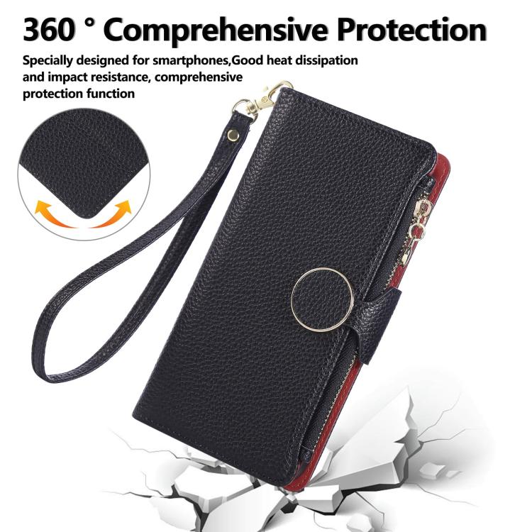 Funda de cuero tipo billetera con hebilla redonda y cremallera para Xiaomi 13T/13T Pro, con correa cruzada (negra)