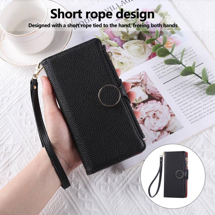 Funda de cuero tipo billetera con hebilla redonda y cremallera para Xiaomi 13T/13T Pro, con correa cruzada (negra)