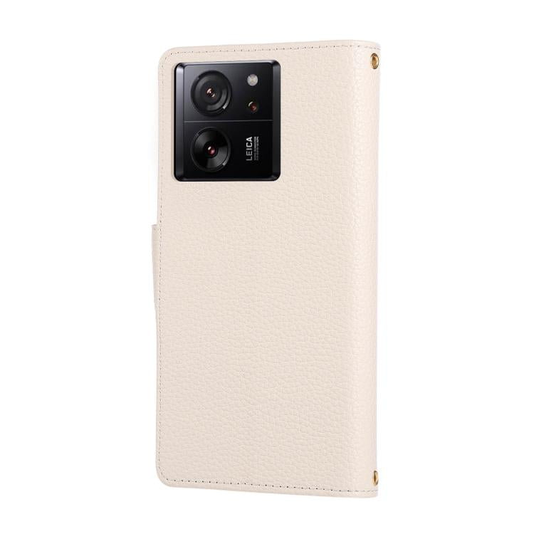Funda de cuero tipo billetera con hebilla redonda y cremallera para Xiaomi 13T/13T Pro, con correa cruzada (blanca)