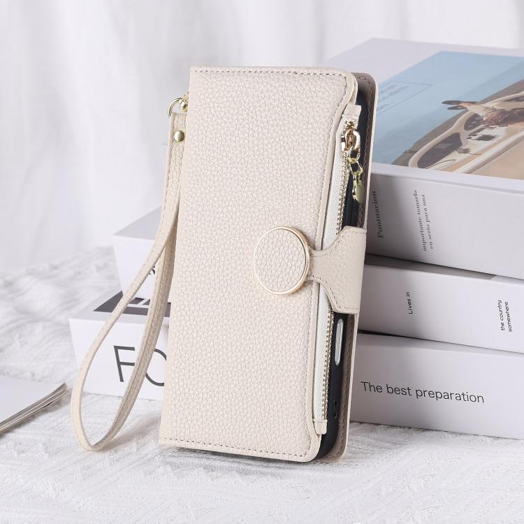 Funda de cuero con hebilla redonda y cremallera para Redmi K80/Poco F7 Pro, con correa cruzada (blanca)