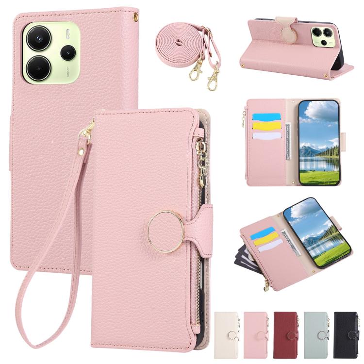 Funda de cuero tipo billetera con hebilla redonda y cremallera de 163,3 mm para Redmi Note 14 4G con correa cruzada (rosa)