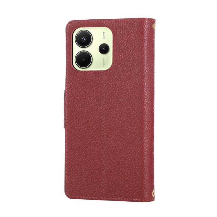 Funda de cuero tipo billetera con cremallera y hebilla redonda de 163,3 mm para Redmi Note 14 4G con correa cruzada (roja)