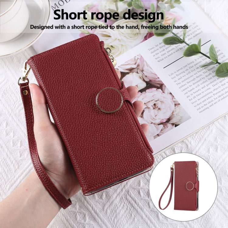Funda de cuero tipo billetera con cremallera y hebilla redonda de 163,3 mm para Redmi Note 14 4G con correa cruzada (roja)