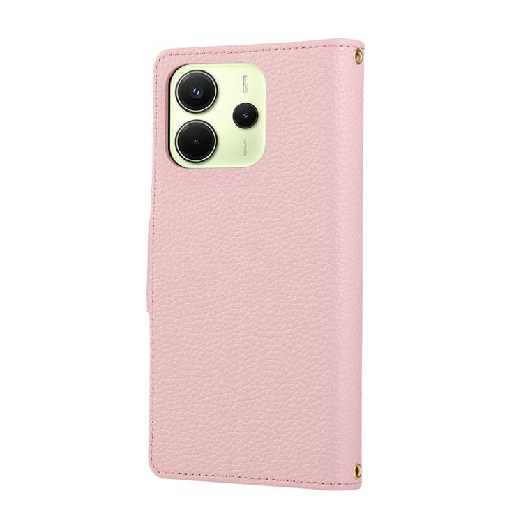 Funda de cuero tipo billetera con hebilla redonda y cremallera de 164,8 mm para Redmi Note 14 4G con correa cruzada (rosa)
