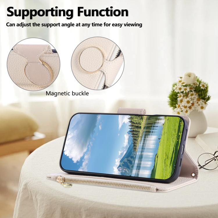 Funda de cuero tipo billetera con hebilla redonda y cremallera de 164,8 mm para Redmi Note 14 4G con correa cruzada (blanca)