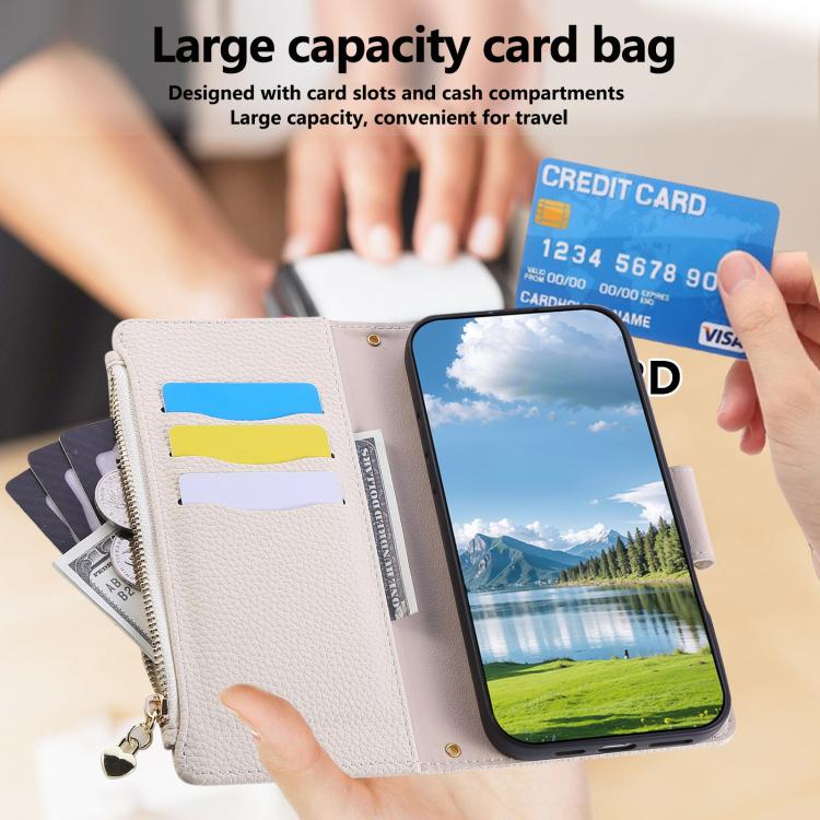 Funda de cuero tipo billetera con hebilla redonda y cremallera de 164,8 mm para Redmi Note 14 4G con correa cruzada (blanca)