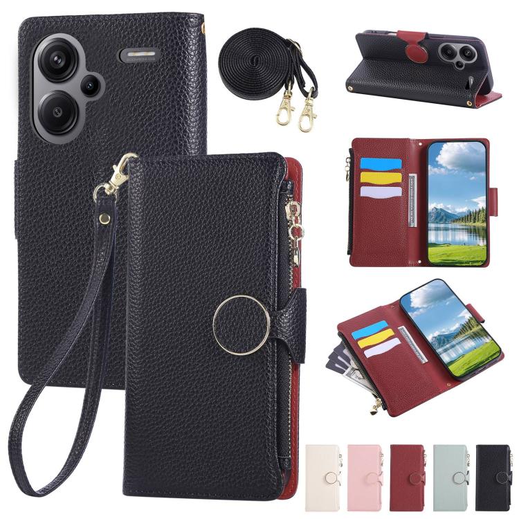 Funda de cuero con hebilla redonda y cremallera para Redmi Note 13 Pro+, con correa cruzada (negra)