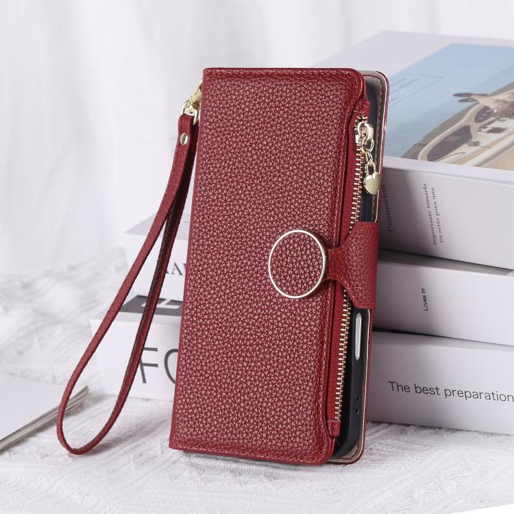 Funda de cuero con hebilla redonda y cremallera para Redmi Note 13 5G, con correa cruzada (roja)