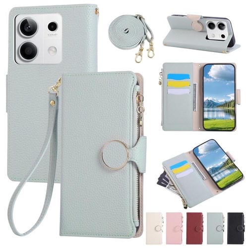 Funda de cuero tipo billetera con hebilla redonda y cremallera para Redmi Note 13 5G con correa cruzada (azul cielo)