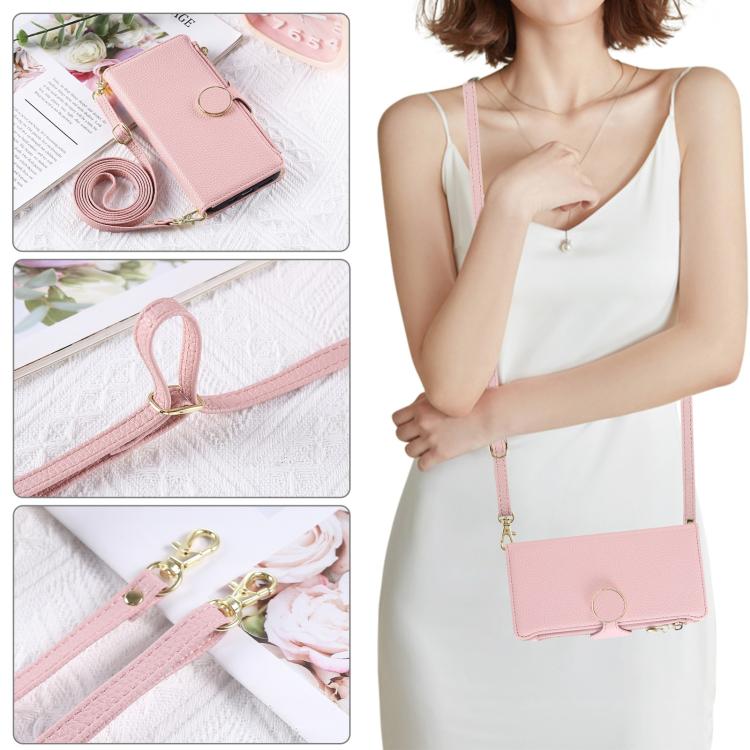 Funda de cuero con hebilla redonda y cremallera para Redmi 14C 5G, con correa cruzada (rosa)
