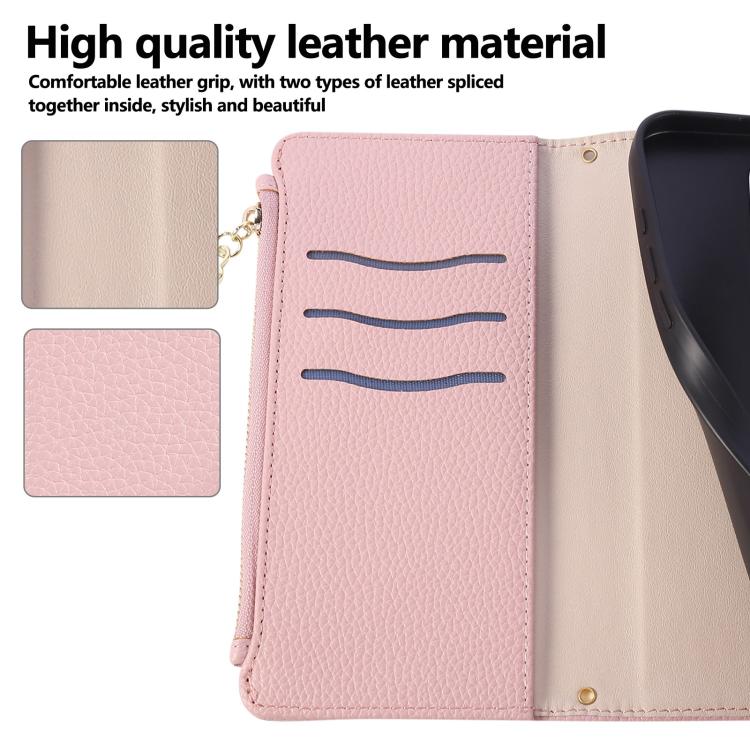 Funda de cuero con hebilla redonda y cremallera para Redmi 14C 5G, con correa cruzada (rosa)