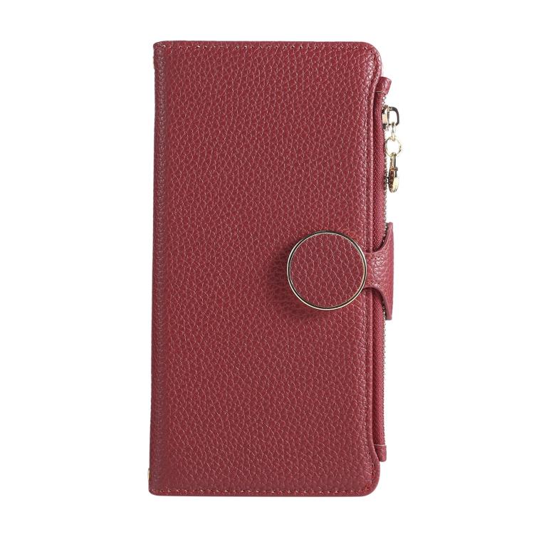 Funda de cuero tipo billetera con hebilla redonda y cremallera para Redmi 13C con correa cruzada (roja)