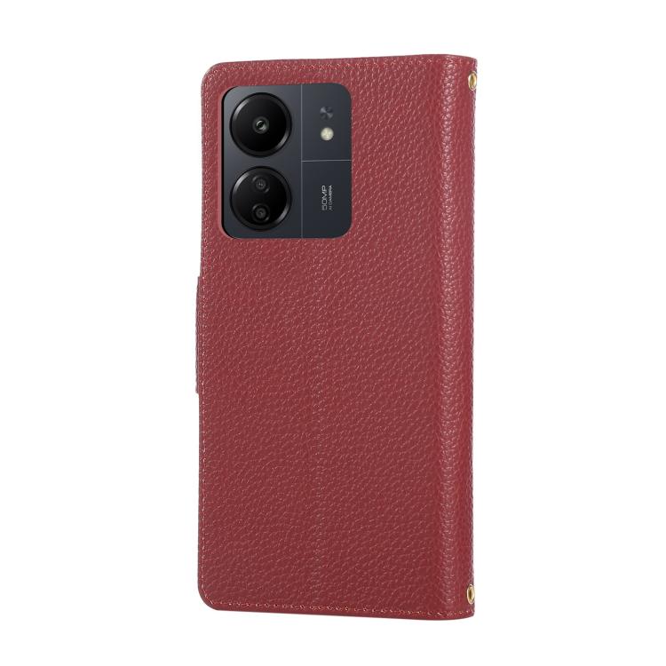 Funda de cuero tipo billetera con hebilla redonda y cremallera para Redmi 13C con correa cruzada (roja)