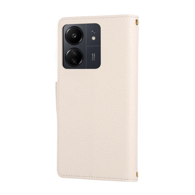 Funda de cuero tipo billetera con hebilla redonda y cremallera para Redmi 13C con correa cruzada (blanca)