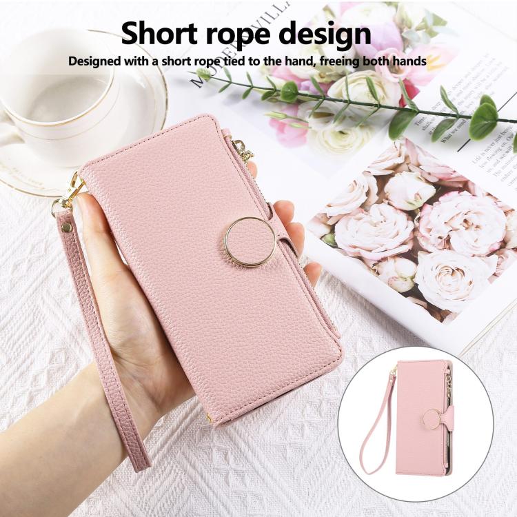 Funda de cuero con hebilla redonda y cremallera para Redmi Note 14 Pro 5G, con correa cruzada (rosa)