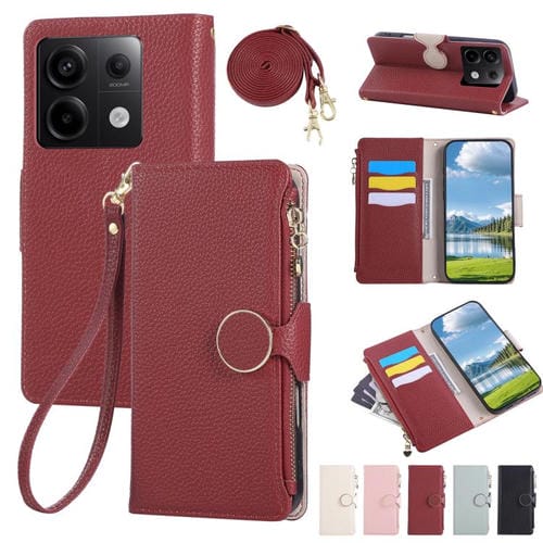 Funda de cuero con hebilla redonda y cremallera para Redmi Note 13 Pro 4G, con correa cruzada (roja)