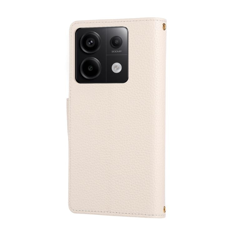 Funda de cuero con hebilla redonda y cremallera para Redmi Note 13 Pro 4G, con correa cruzada (blanca)