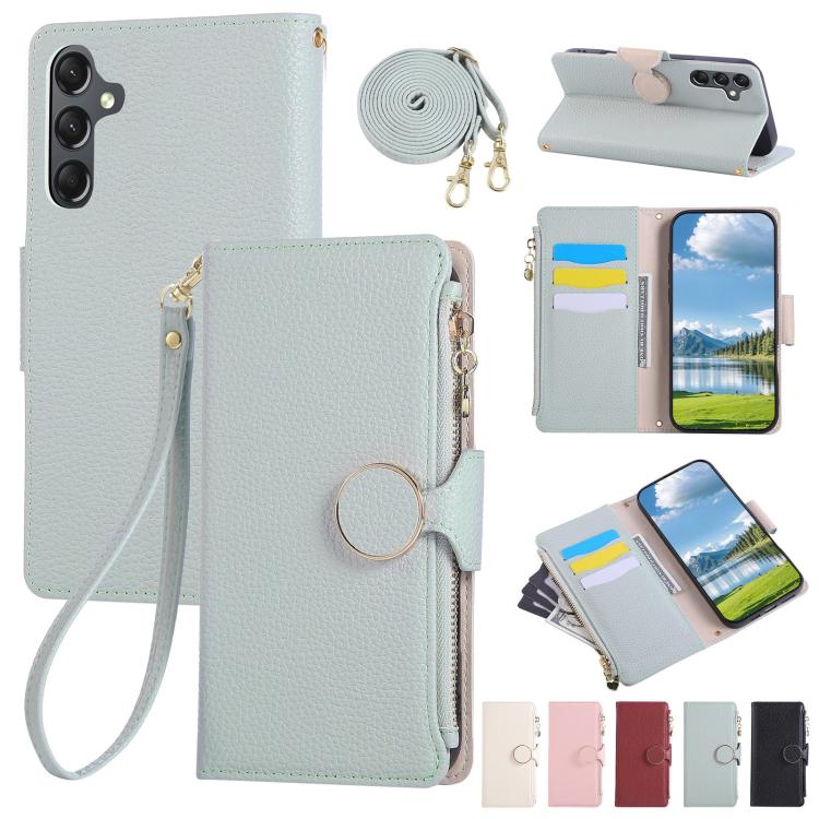 Funda de cuero tipo billetera con hebilla redonda y cremallera para Samsung Galaxy S25+ / S24+ 5G, con correa cruzada (azul cielo)