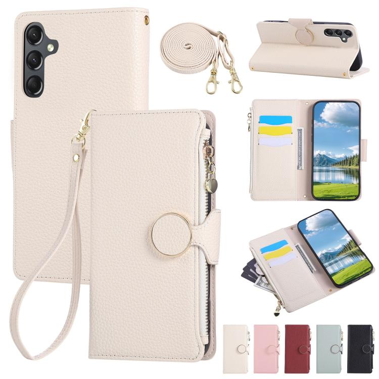 Funda de cuero tipo billetera con hebilla redonda y cremallera para Samsung Galaxy S25+ / S24+ 5G, con correa cruzada (blanca)