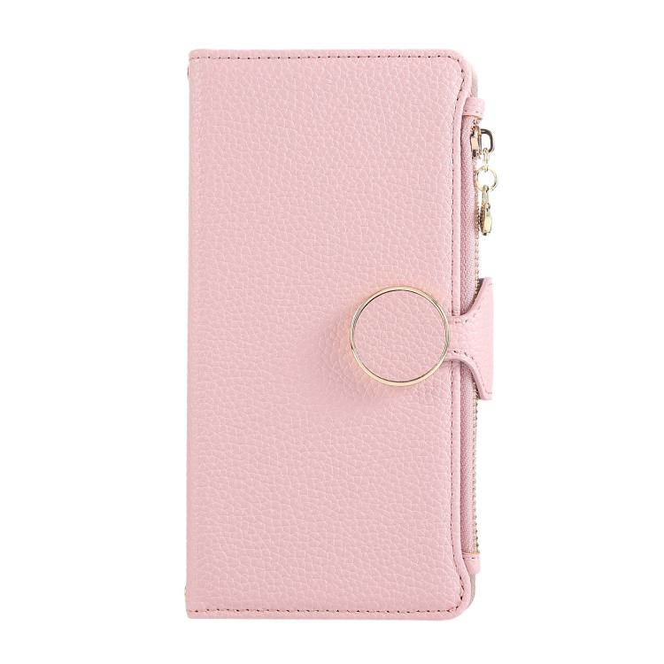 Funda de cuero tipo billetera con hebilla redonda y cremallera para Samsung Galaxy S24 FE 5G con correa cruzada (rosa)