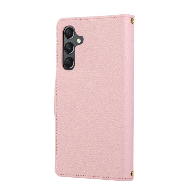 Funda de cuero tipo billetera con hebilla redonda y cremallera para Samsung Galaxy S23 FE 5G con correa cruzada (rosa)
