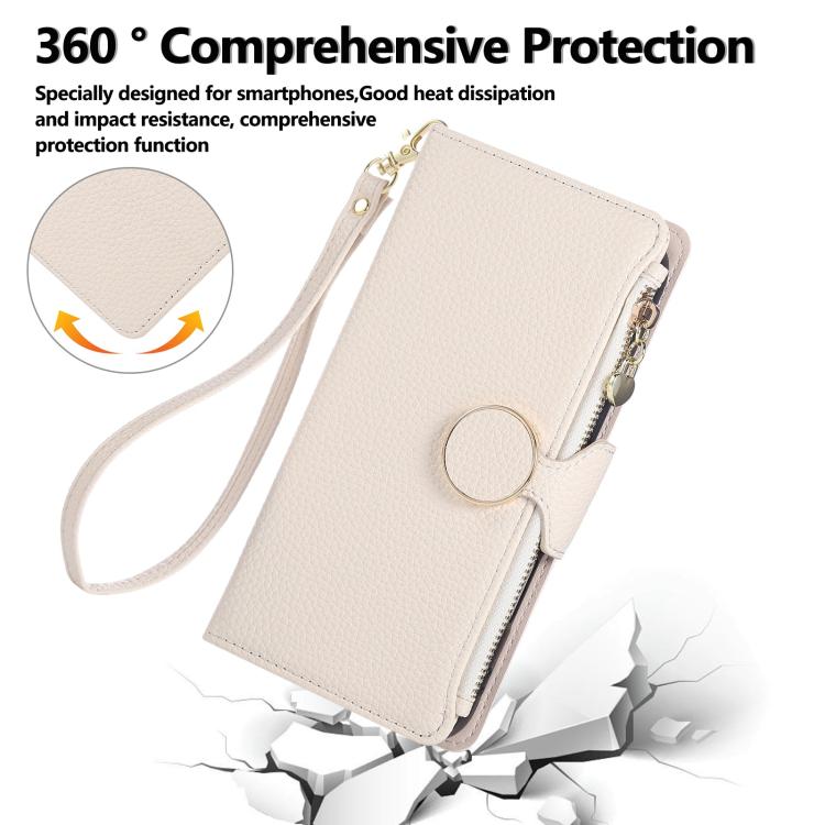 Funda de cuero tipo billetera con hebilla redonda y cremallera para Samsung Galaxy S23 Ultra 5G con correa cruzada (blanca)