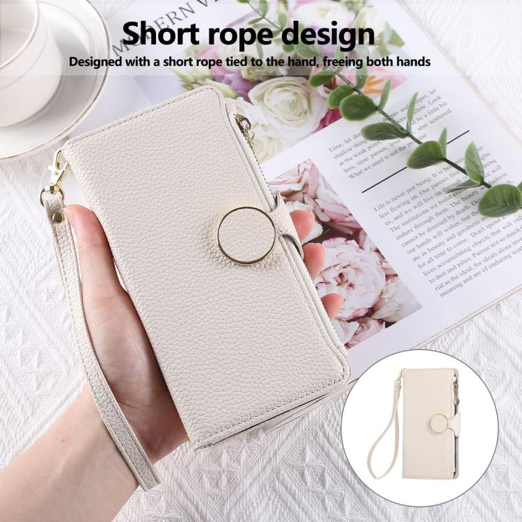 Funda de cuero tipo billetera con hebilla redonda y cremallera para Samsung Galaxy S23 Ultra 5G con correa cruzada (blanca)