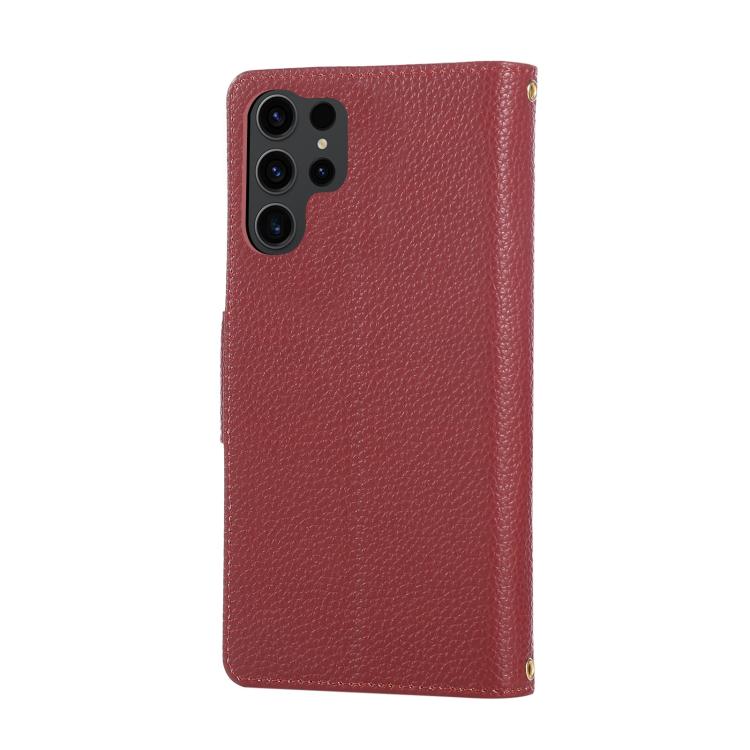 Funda de cuero tipo billetera con hebilla redonda y cremallera para Samsung Galaxy S24 Ultra 5G con correa cruzada (roja)