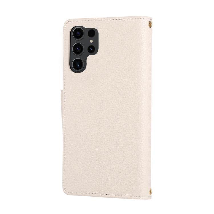 Funda de cuero tipo billetera con hebilla redonda y cremallera para Samsung Galaxy S24 Ultra 5G con correa cruzada (blanca)