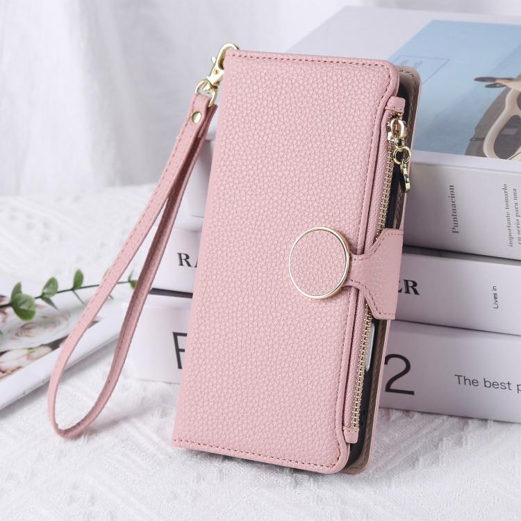 Funda de cuero tipo billetera con hebilla redonda y cremallera para Samsung Galaxy S21 Ultra 5G con correa cruzada (rosa)