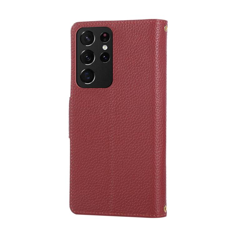 Funda de cuero tipo billetera con hebilla redonda y cremallera para Samsung Galaxy S21 Ultra 5G con correa cruzada (roja)
