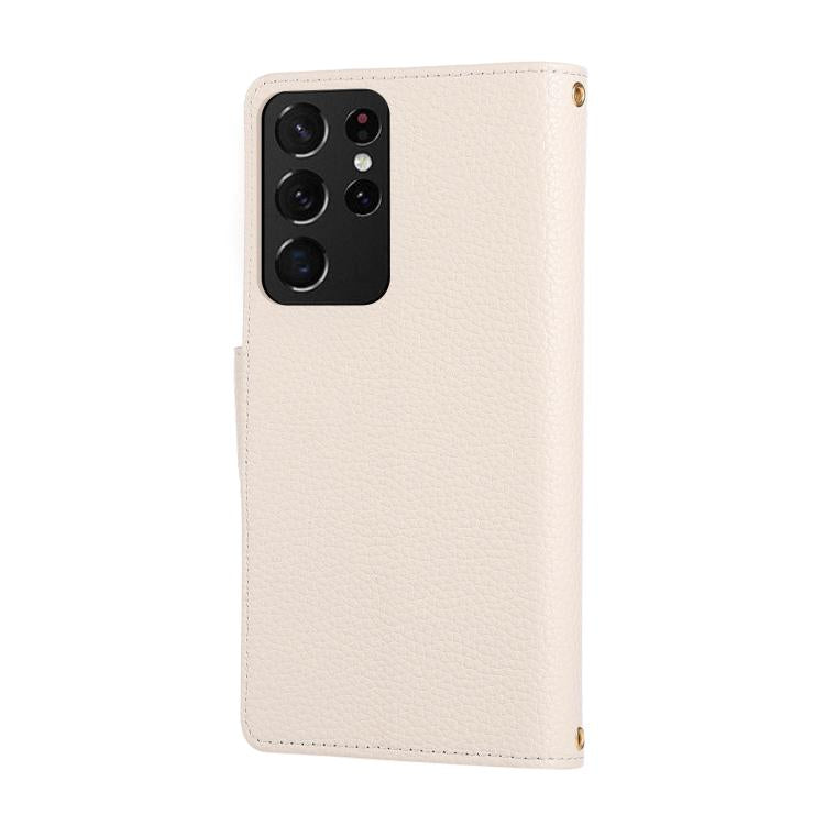 Funda de cuero tipo billetera con hebilla redonda y cremallera para Samsung Galaxy S21 Ultra 5G con correa cruzada (blanca)