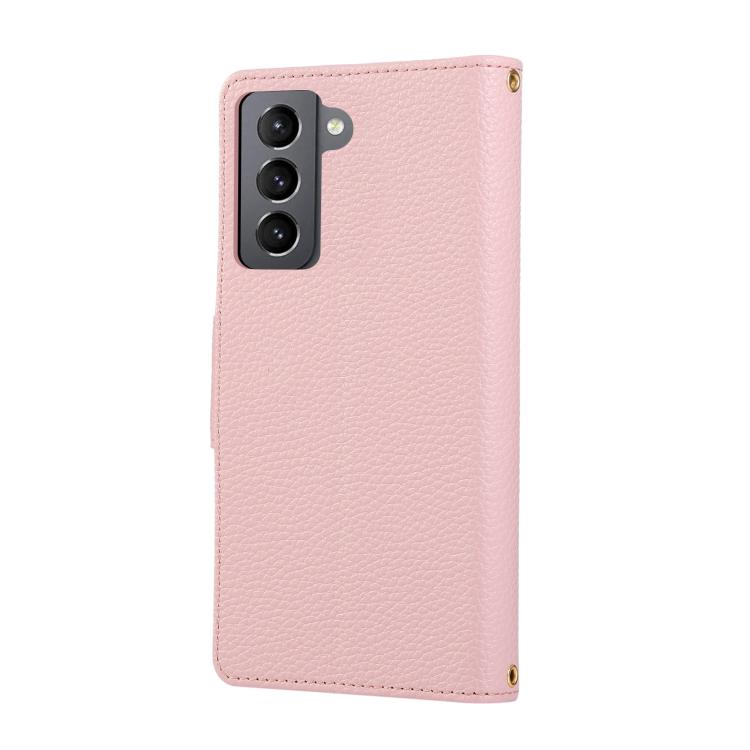 Funda de cuero tipo billetera con hebilla redonda y cremallera para Samsung Galaxy S21 FE 5G con correa cruzada (rosa)