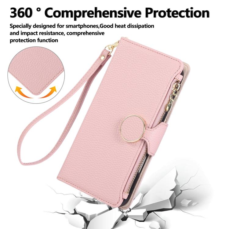 Funda de cuero tipo billetera con hebilla redonda y cremallera para Samsung Galaxy S21 FE 5G con correa cruzada (rosa)
