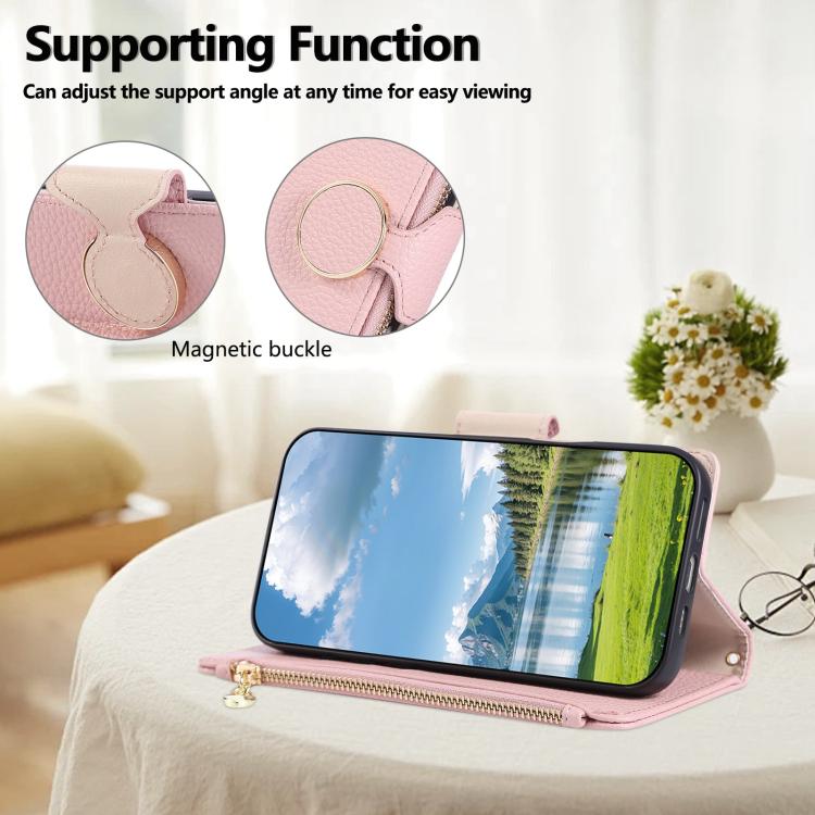 Funda de cuero tipo billetera con hebilla redonda y cremallera para Samsung Galaxy S21 FE 5G con correa cruzada (rosa)