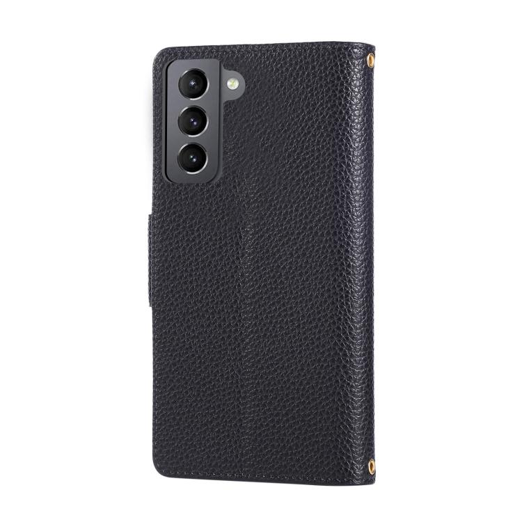 Funda de cuero con hebilla redonda y cremallera para Samsung Galaxy S21 FE 5G con correa cruzada (negro)